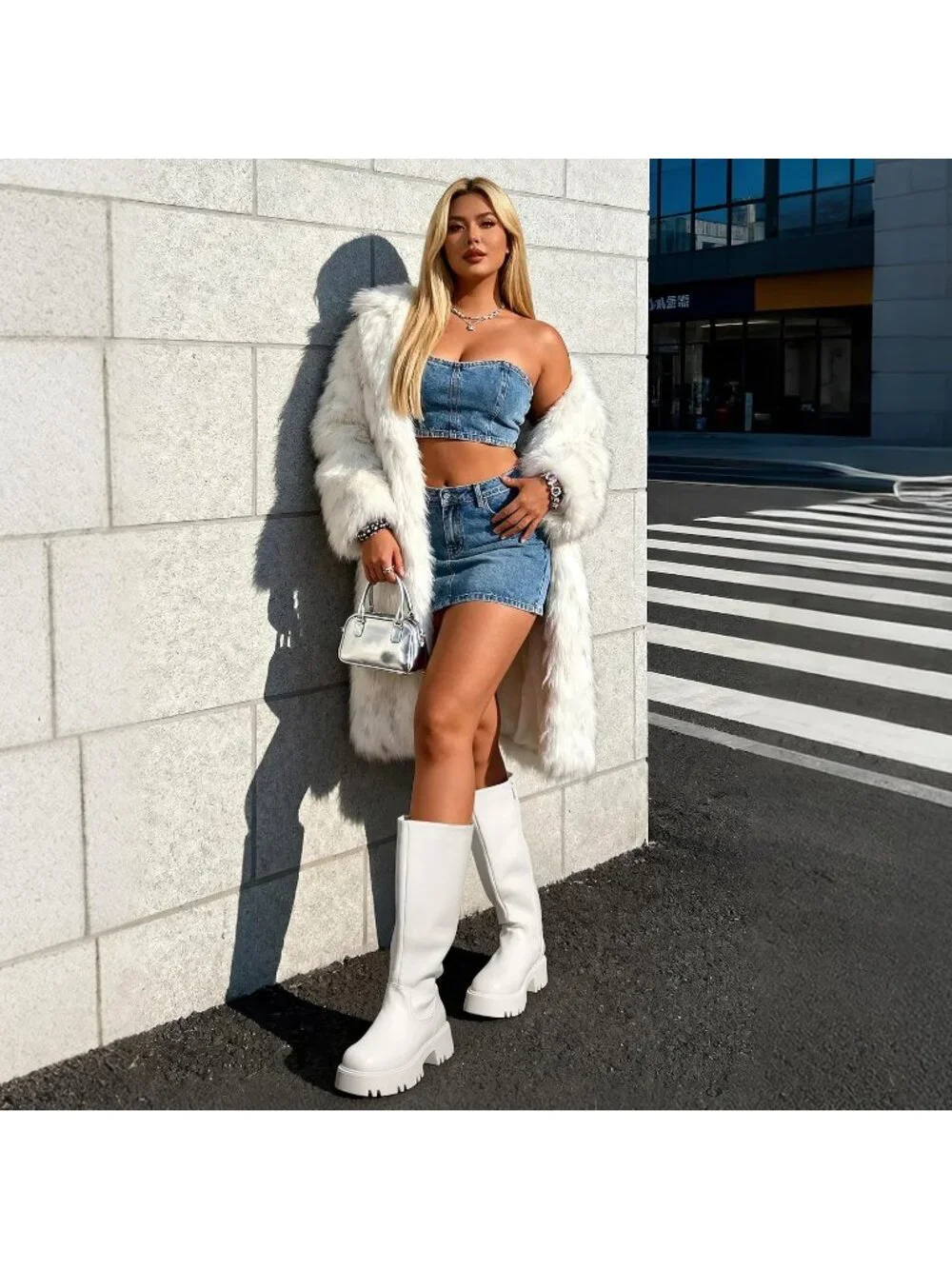 Dream Pairs Women's White Round Toe Side Zipper Platform Chunky Knee High Boots